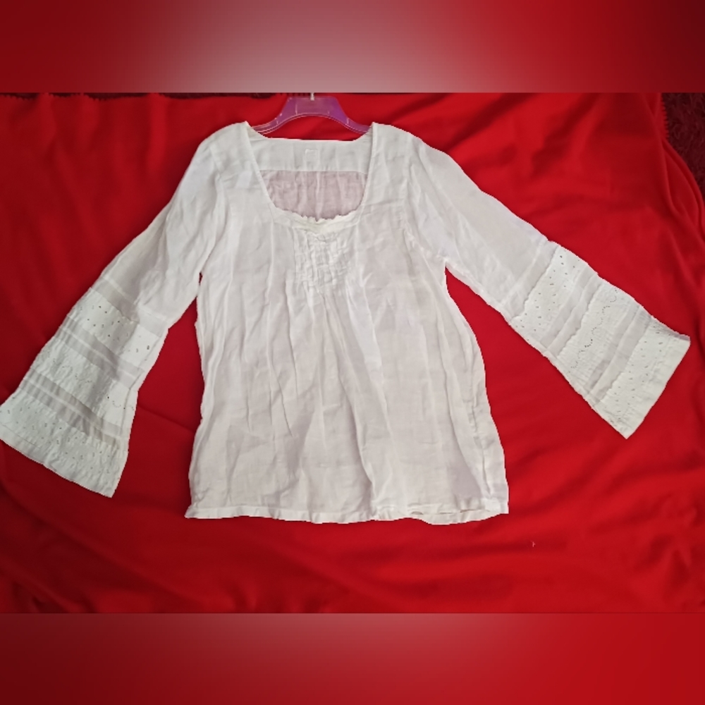 120% Lino Women's 100% Percent Linen Embroidered White Shirt Top Blouse Sz Small